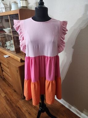 Colorblock Ruffle Tiered Casual Dress in Pink and Orange